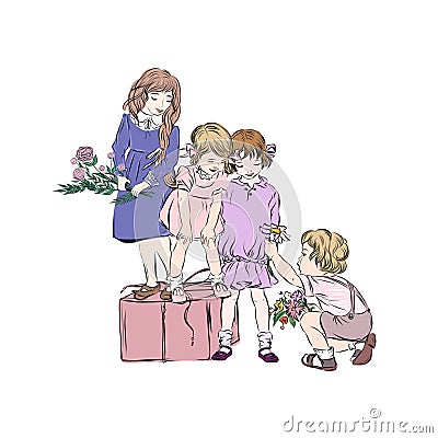 Boys giving flowers to girls Vector Illustration